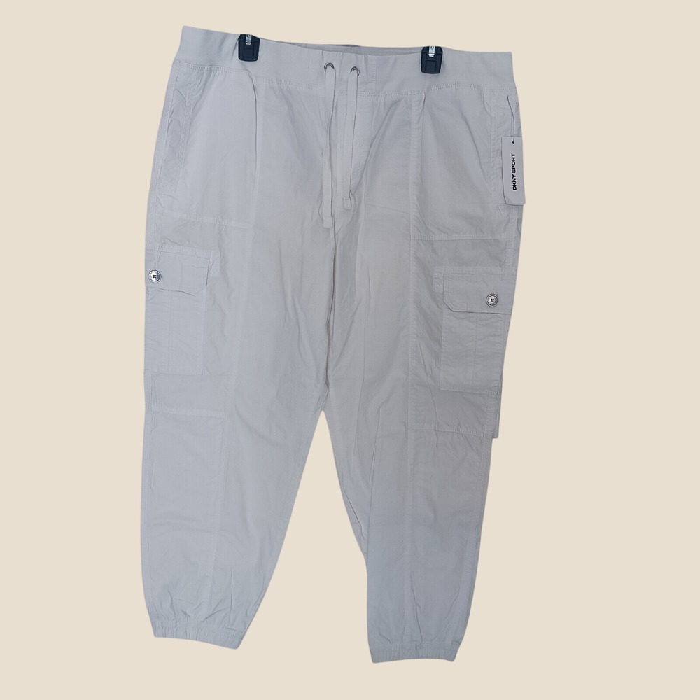 DKNY Sport Cargo Joggers Womens XL White Ivy Cotton Drawstring Pants DP5P3426